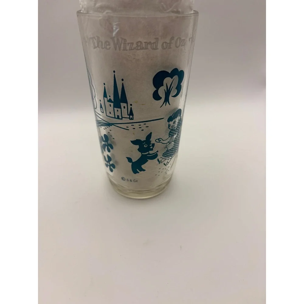 Vintage Wizard of Oz Toto Teal Blue Glass Tumbler Wavy Bottom S&Co